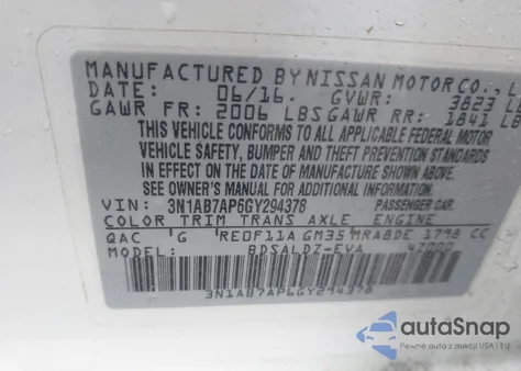 2016 Nissan Sentra Sv z USA, uszkodzony, nr VIN 3N1AB7AP6GY294378